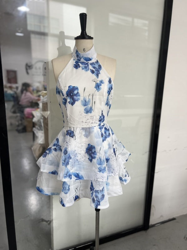 Women’s Fashion Print Sexy Halter Neck Bowknot Backless Dress - Blue / S