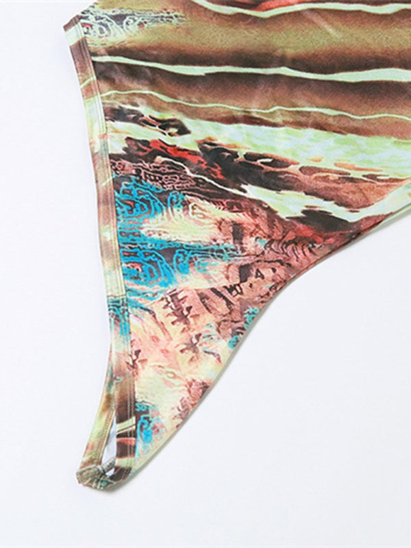 Women’s Fashion Printed One Shoulder Sleeve Diagonal Hem Slim Fit Bottom Vest