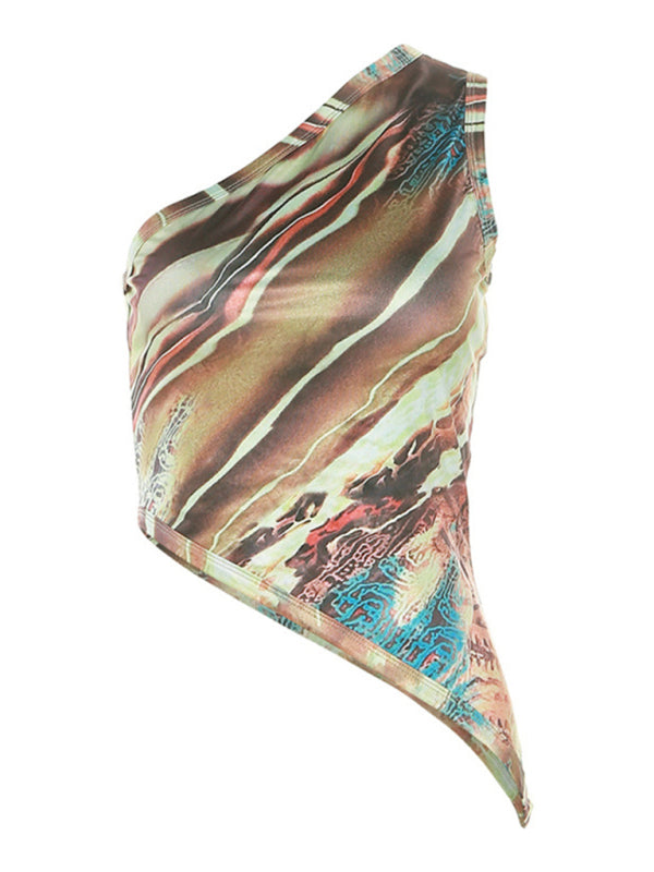 Women’s Fashion Printed One Shoulder Sleeve Diagonal Hem Slim Fit Bottom Vest