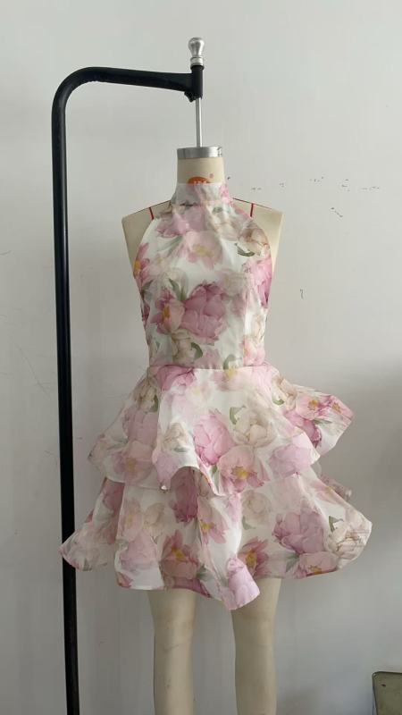 Women’s Fashion Printed Sexy Halter Backless Mini Dress - Pink / S