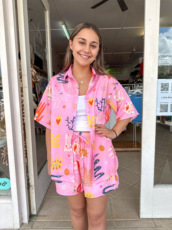 Women’s Fashion Printed Shirts Lounge Suits Printed Shorts Tie Elastic Casual Two-piece Set