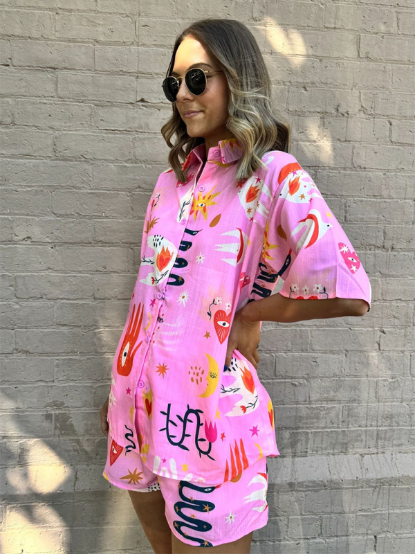 Women’s Fashion Printed Shirts Lounge Suits Printed Shorts Tie Elastic Casual Two-piece Set