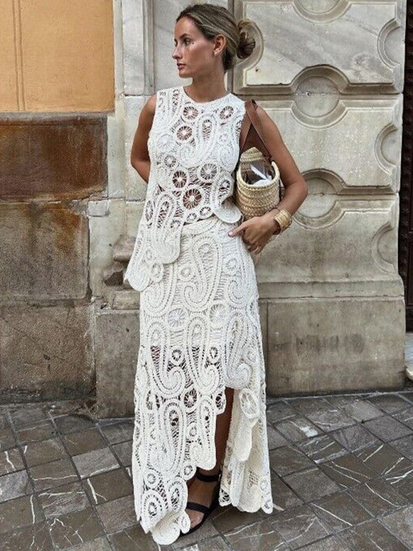 Women’s Fashion Retro Half-Slit Irregular Design Round Neck Sleeveless Vest + Skirt Set - White / FREESIZE