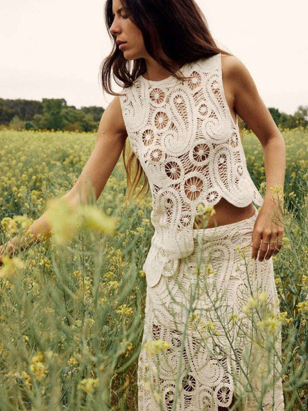 Women’s Fashion Retro Half-Slit Irregular Design Round Neck Sleeveless Vest + Skirt Set - White / FREESIZE