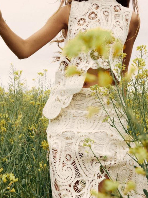 Women’s Fashion Retro Half-Slit Irregular Design Round Neck Sleeveless Vest + Skirt Set - White / FREESIZE