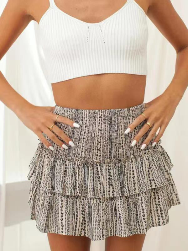 Women’s Fashion Ruffled Floral Half-length Pleated Skirt - Cracker khaki / XS