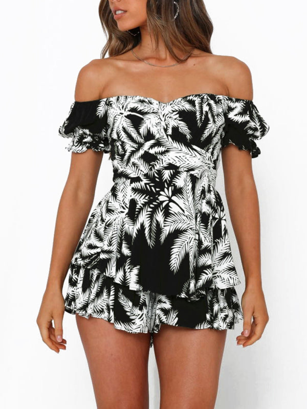 Women’s fashion sexy one-neck lantern lotus leaf short-sleeved printed jumpsuit - Black / S