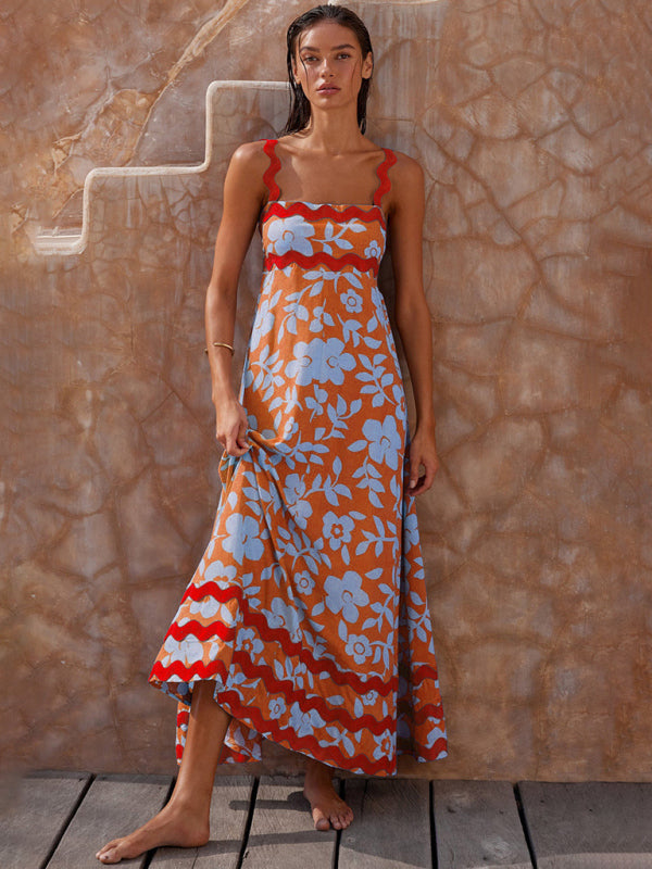 Women’s fashion suspender long printed long dress