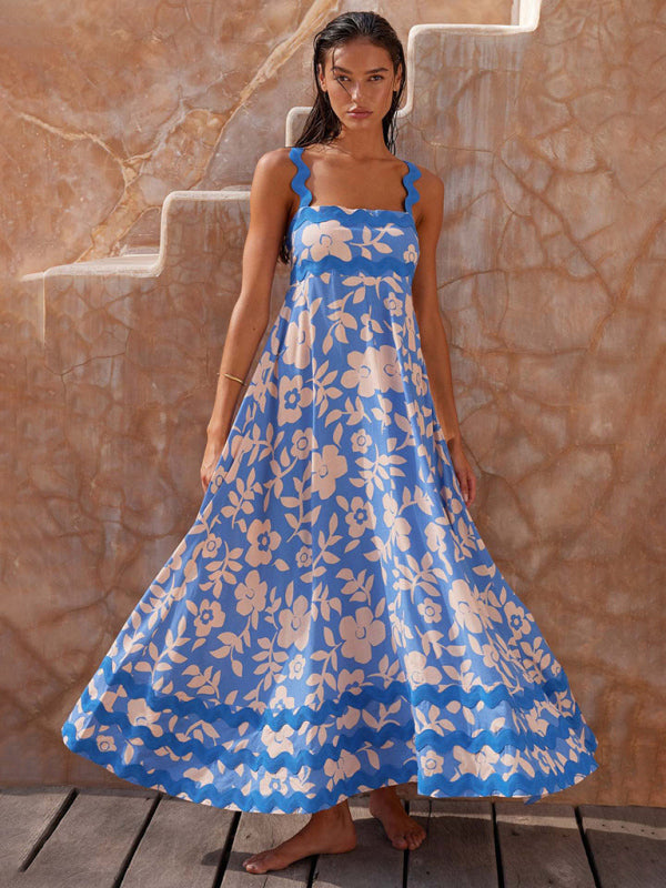 Women’s fashion suspender long printed long dress - Blue / S