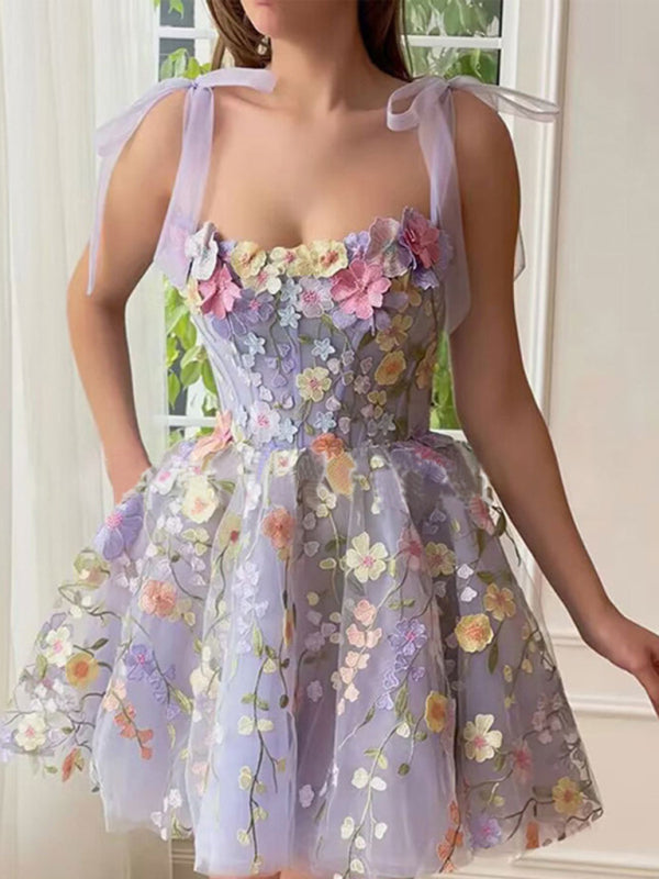 Women’s fashion three-dimensional flower embroidery hip-hugging sexy suspender dress - Lavender / S