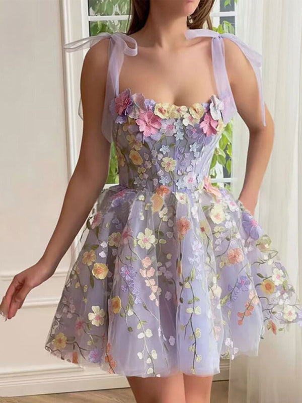 Women’s fashion three-dimensional flower embroidery hip-hugging sexy suspender dress