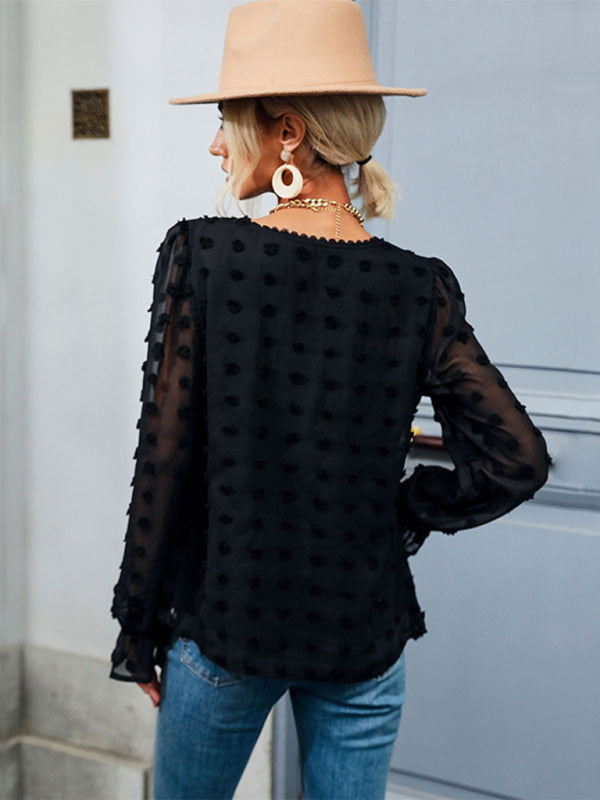 Women’s Fashion Tops Thin Loose V-Neck Long Sleeve Black Shirt