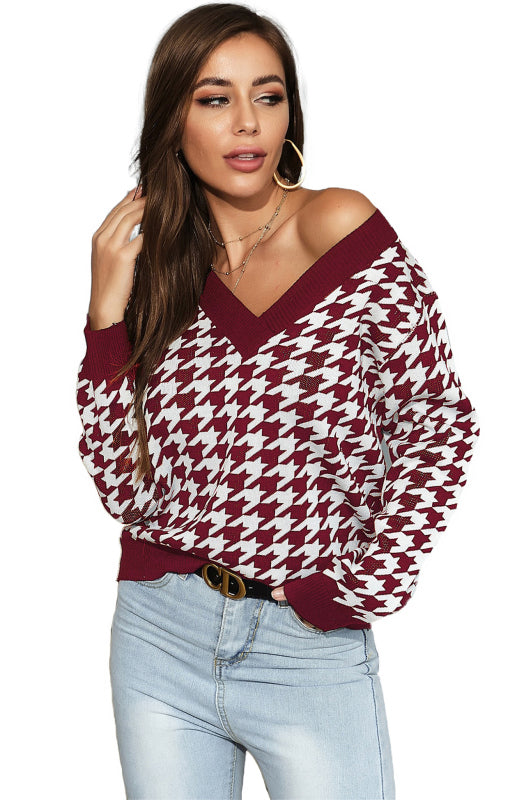 Women’s Fashion Trend Houndstooth Sweater - Wine Red / S