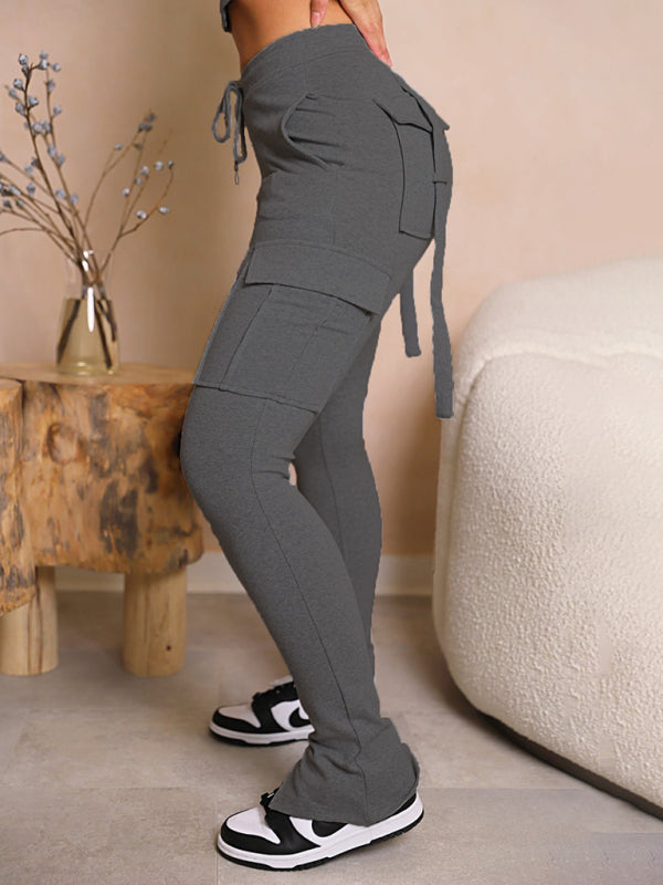 Women’s Fashion Trend Workwear Pocket Drawstring Waist Slit Trousers Casual Pants