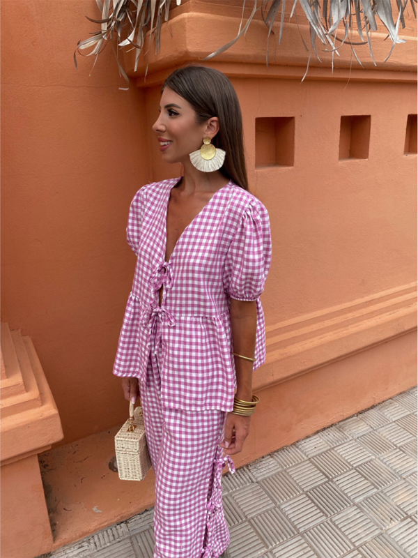 Women’s Fashion V-Neck Lace-Up Plaid Knotted Set