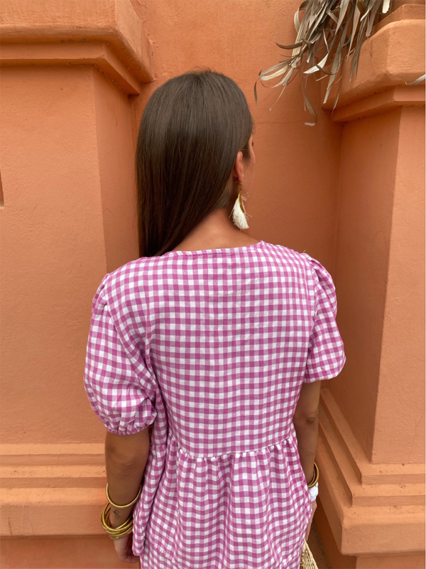 Women’s Fashion V-Neck Lace-Up Plaid Knotted Set