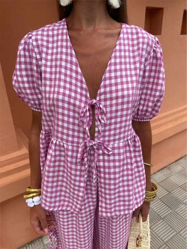 Women’s Fashion V-Neck Lace-Up Plaid Knotted Set