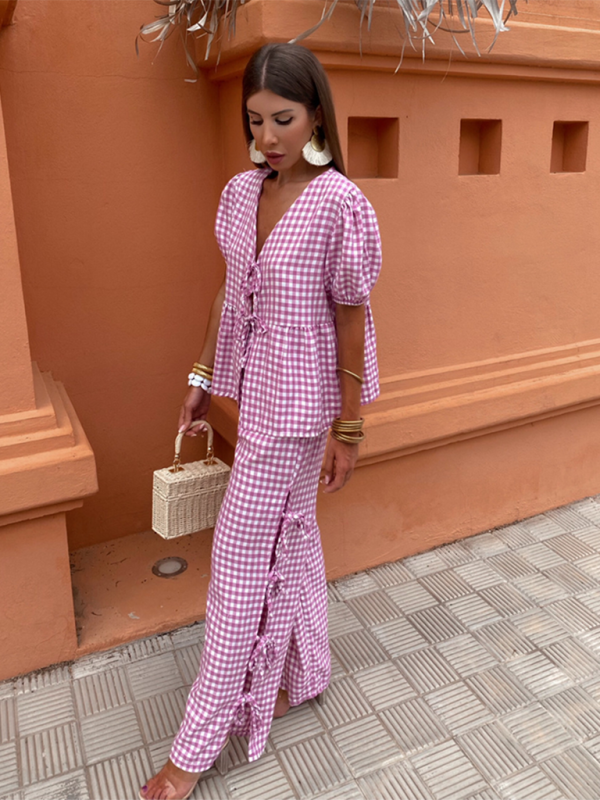 Women’s Fashion V-Neck Lace-Up Plaid Knotted Set - Pink / S