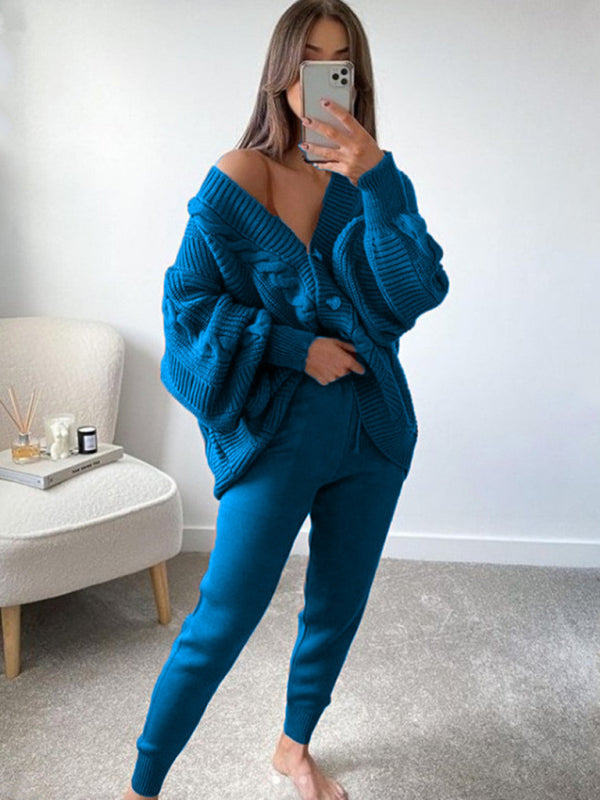 Women’s Fashion V-neck Solid Color Suit Sweater + Knitted Pants - Peacock blue / S