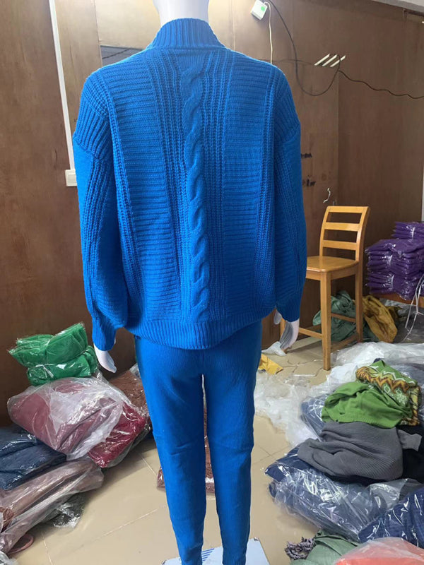 Women’s Fashion V-neck Solid Color Suit Sweater + Knitted Pants