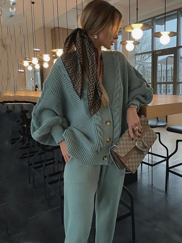 Women’s Fashion V-neck Solid Color Suit Sweater + Knitted Pants - Spearmint viridis / S