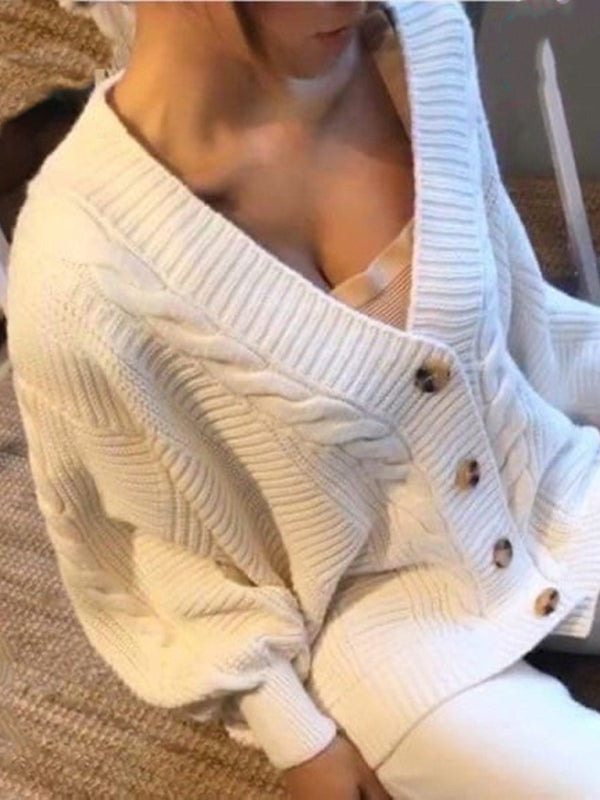 Women’s Fashion V-neck Solid Color Suit Sweater + Knitted Pants