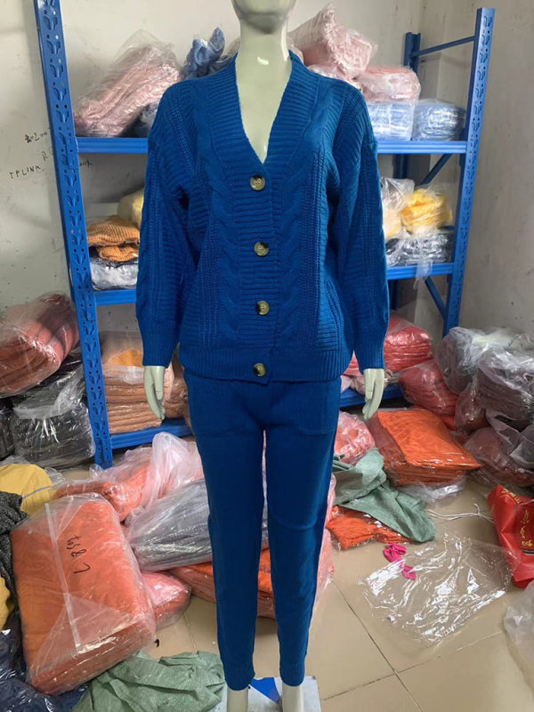 Women’s Fashion V-neck Solid Color Suit Sweater + Knitted Pants