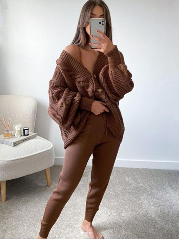 Women’s Fashion V-neck Solid Color Suit Sweater + Knitted Pants - Dark Brown / S