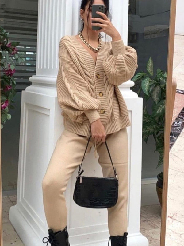 Women’s Fashion V-neck Solid Color Suit Sweater + Knitted Pants - Khaki / S