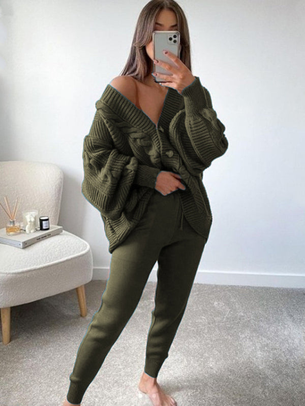 Women’s Fashion V-neck Solid Color Suit Sweater + Knitted Pants - Olive green / S