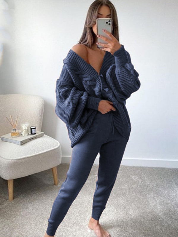 Women’s Fashion V-neck Solid Color Suit Sweater + Knitted Pants - Royal blue / S