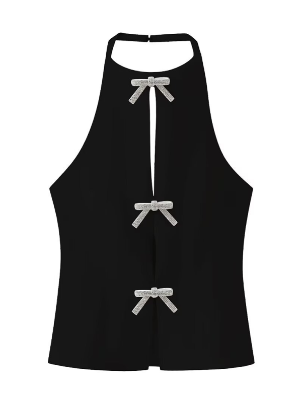 Women’s Fashionable Bow Decorated Halter Neck Vest Top - Black / XS