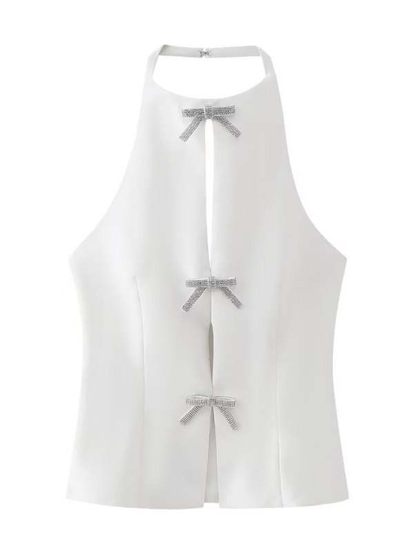 Women’s Fashionable Bow Decorated Halter Neck Vest Top - White / XS