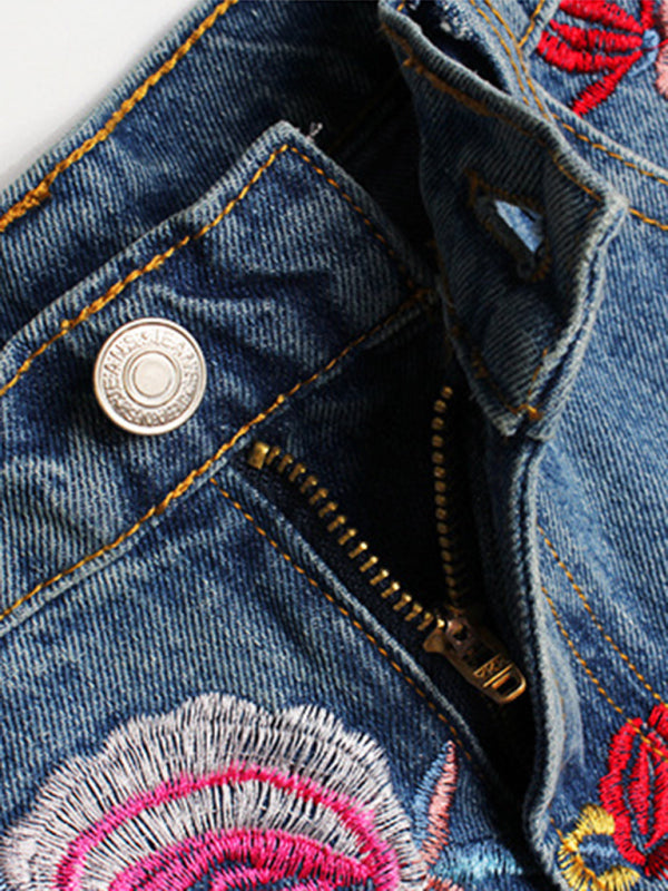 Women’s Floral Embroidered High Waist Washed Denim Mid Skirt