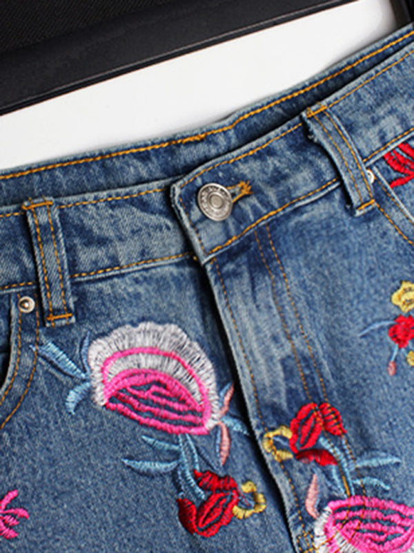 Women’s Floral Embroidered High Waist Washed Denim Mid Skirt