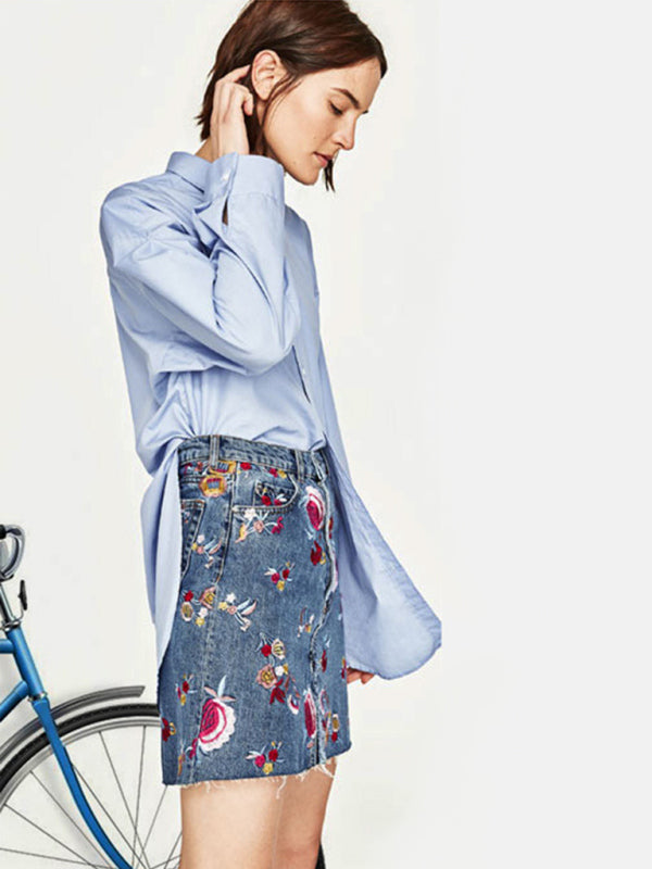 Women’s Floral Embroidered High Waist Washed Denim Mid Skirt - Blue / S