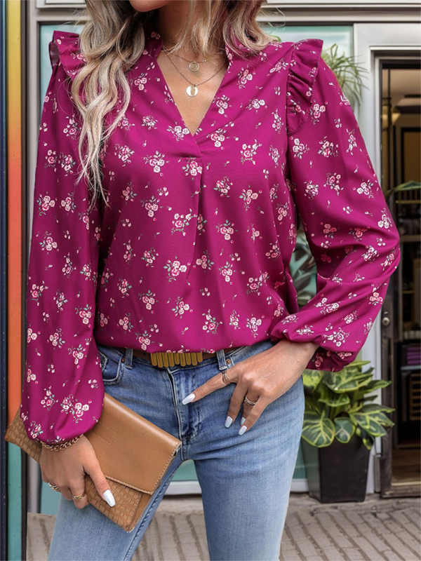 Women’s floral print long sleeve shirt - Rose / S