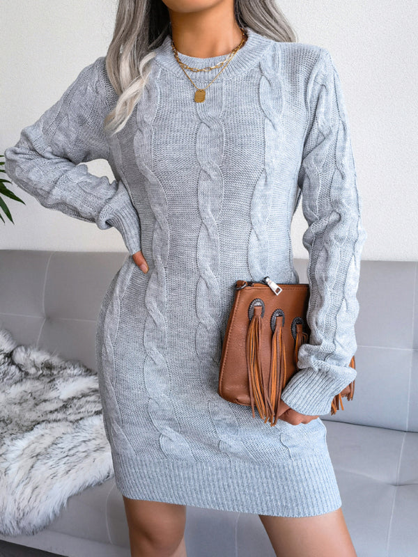 Women’s fried dough twist buttock wrapped wool dress knitted dress - Grey / S