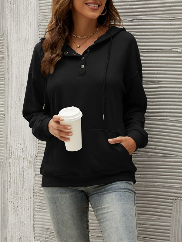 Women’s Half Cardigan Button Kangaroo Pocket Hoodie - Black / S