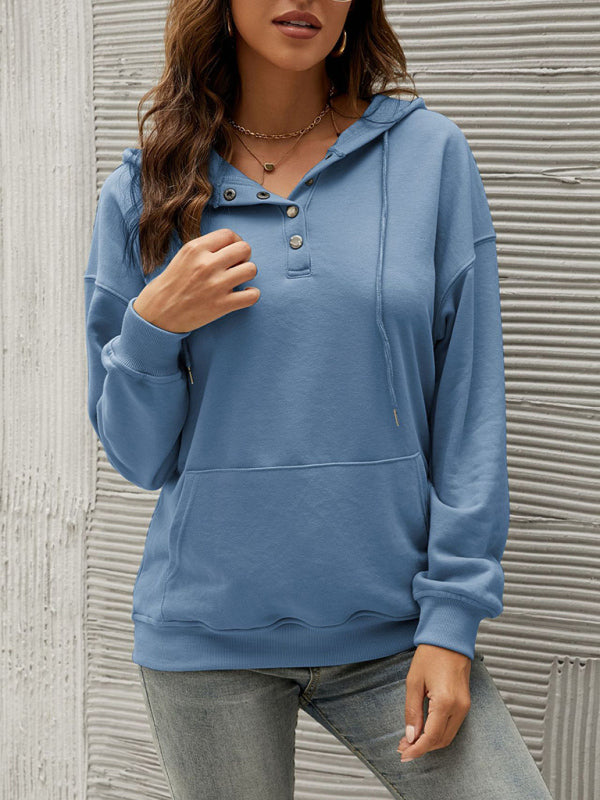 Women’s Half Cardigan Button Kangaroo Pocket Hoodie - Blue / S