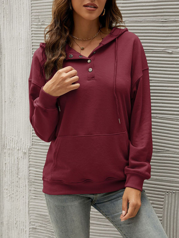 Women’s Half Cardigan Button Kangaroo Pocket Hoodie - Wine Red / S