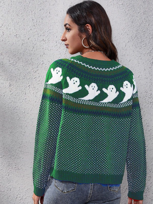 Women’s Halloween Ghost retro wave point long sleeve knitted sweater
