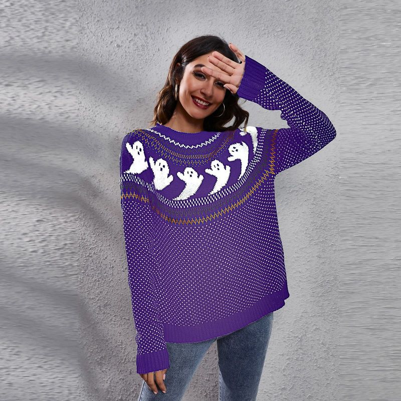 Women’s Halloween Ghost retro wave point long sleeve knitted sweater - Purple / S