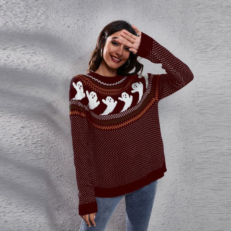 Women’s Halloween Ghost retro wave point long sleeve knitted sweater - Wine Red / S