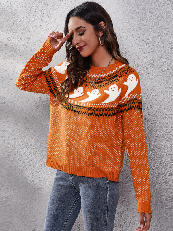 Women’s Halloween Ghost retro wave point long sleeve knitted sweater