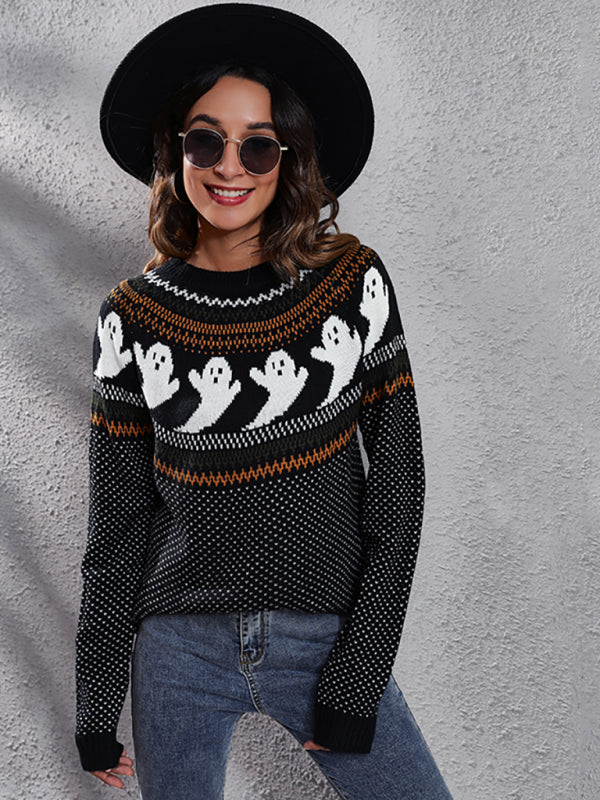 Women’s Halloween Ghost retro wave point long sleeve knitted sweater - Black / S