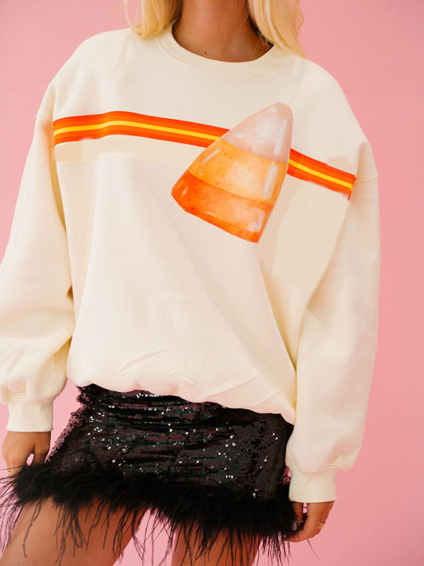 Women’s Halloween sequined sweatshirt loose casual top - Cracker khaki / S