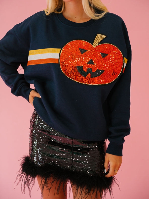 Women’s Halloween sequined sweatshirt loose casual top - Purplish blue navy / S