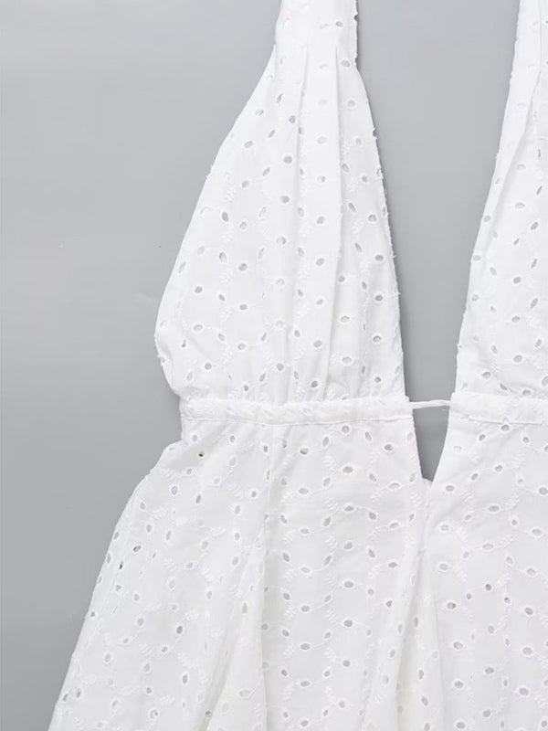 Women’s halterneck V-neck hollow embroidered backless strappy short dress