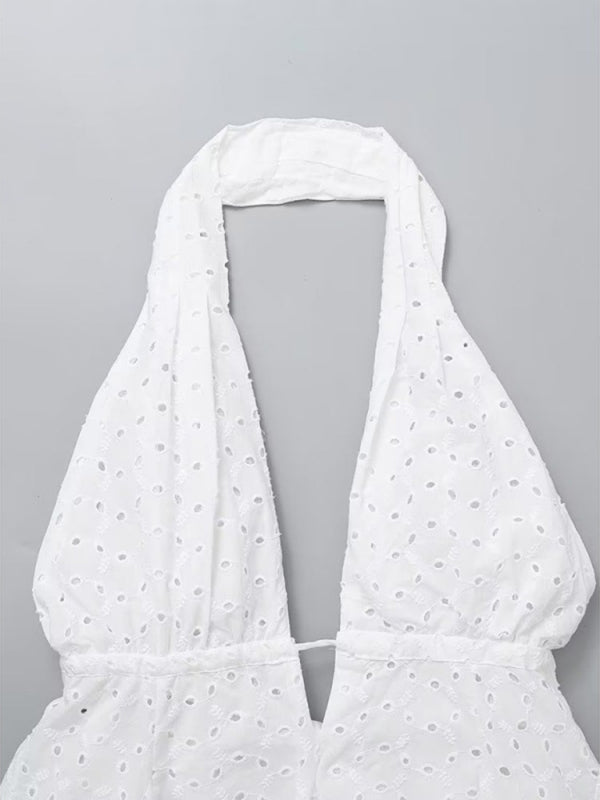 Women’s halterneck V-neck hollow embroidered backless strappy short dress